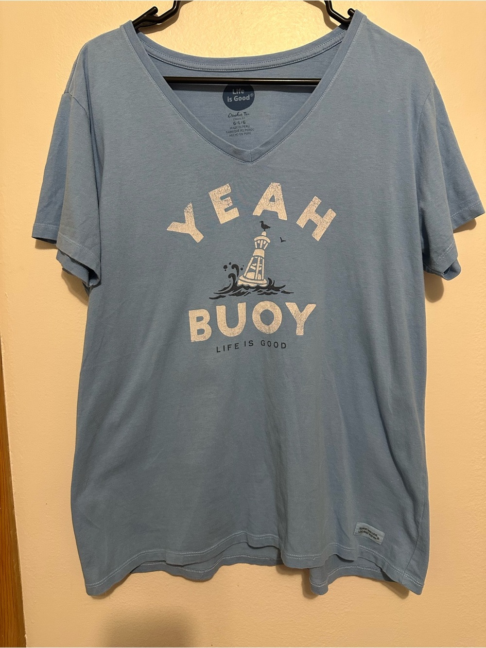 Life Is Good Women's Crusher Tee V-Neck Lighthouse "Yeah Buoy" Blue L
